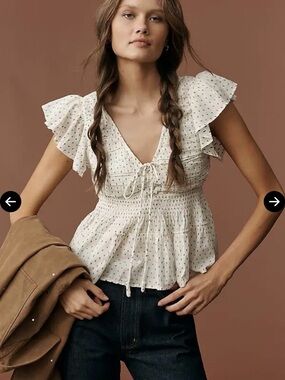 Anthropologie Cream Dot Smocked Peplum Top
